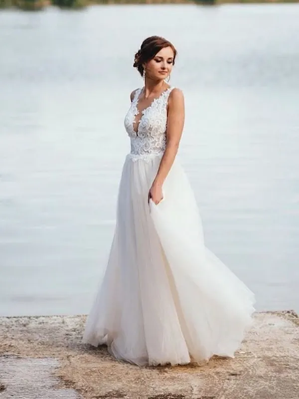 A-line Beach Custom Wedding Dress V Neck Tulle Cheap Boho Bride Dress ER2062