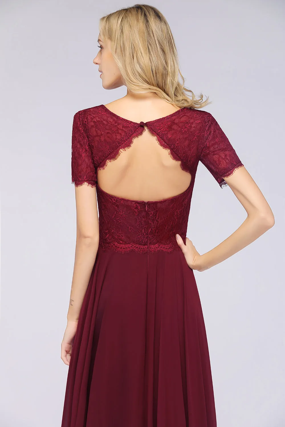 A-Line Chiffon Lace Round-Neck Long Bridesmaid Dress with Sleeves