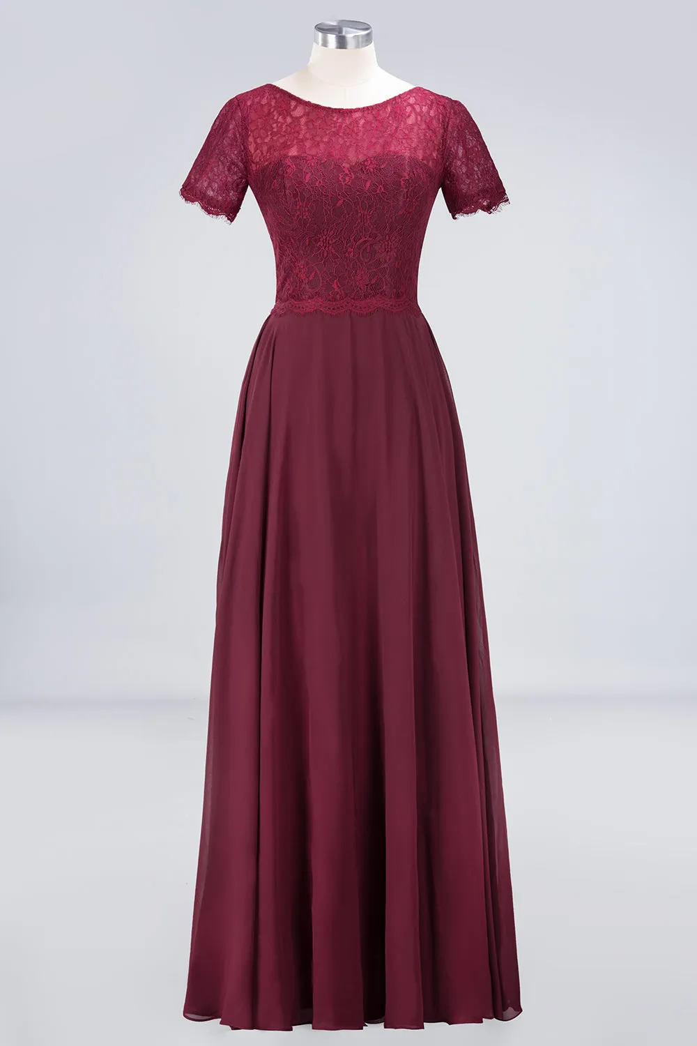 A-Line Chiffon Lace Round-Neck Long Bridesmaid Dress with Sleeves