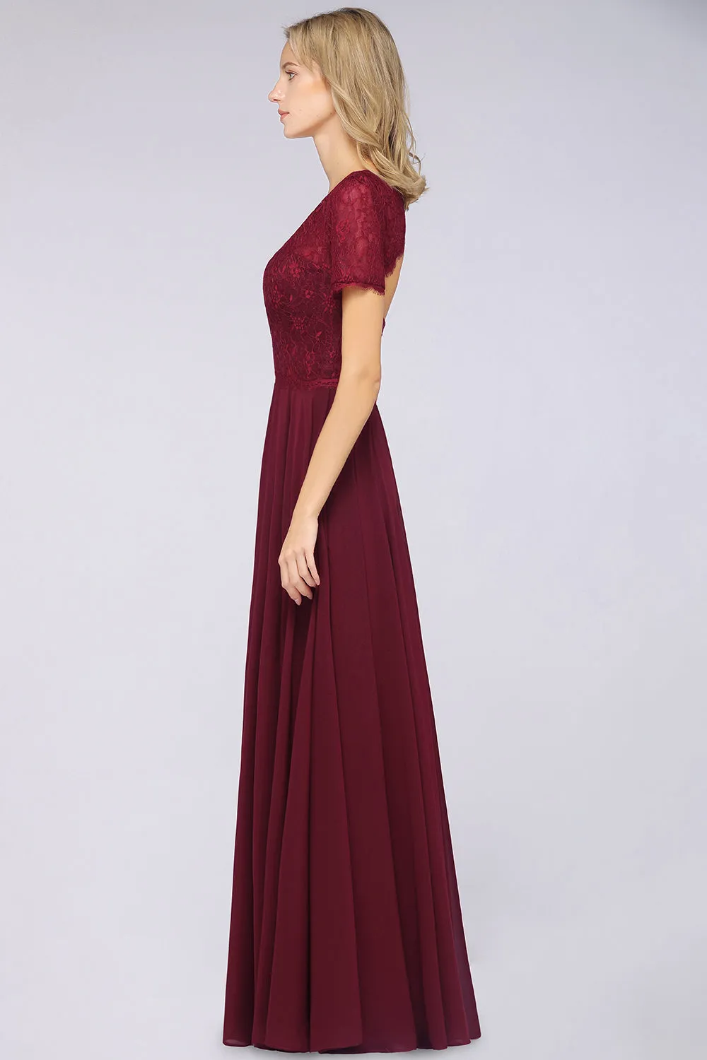 A-Line Chiffon Lace Round-Neck Long Bridesmaid Dress with Sleeves