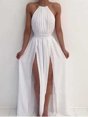 A Line High Neck White Backless Prom Dresses, White Backless Formal Dresses, Bridesmaid Dresses