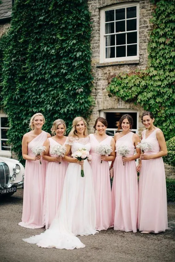 A Line Pink One Shoulder Chiffon Long Simple Bridesmaid Dresses, Wedding Party Dresses STK15552