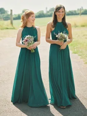 A-Line Round Neck Pleated Green Chiffon Bridesmaid Dress