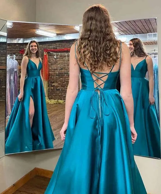 A-Line Side Slit Teal Long Prom Dress with Pockets PC1334