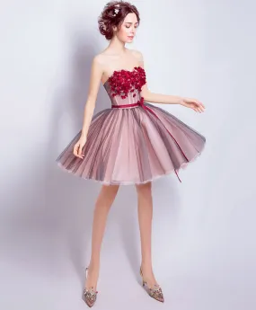 A Line Sweetheart Neck Tulle Mini Prom Dresses, Burgundy Homecoming Dress