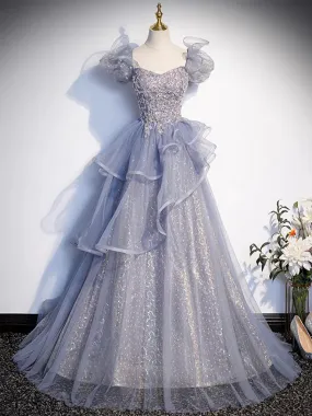 A-Line Sweetheart Neck Tulle Sequin Gray Blue Long Prom Dress, Gray Blue Long Formal Dress