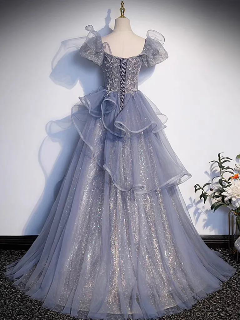 A-Line Sweetheart Neck Tulle Sequin Gray Blue Long Prom Dress, Gray Blue Long Formal Dress