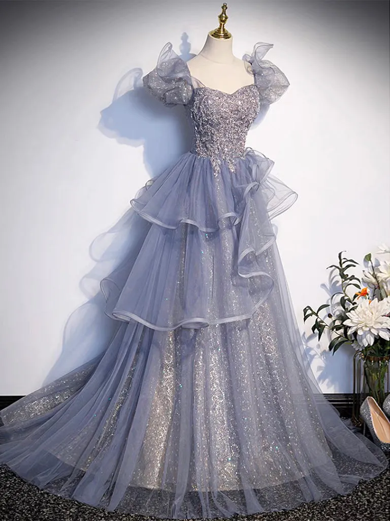 A-Line Sweetheart Neck Tulle Sequin Gray Blue Long Prom Dress, Gray Blue Long Formal Dress