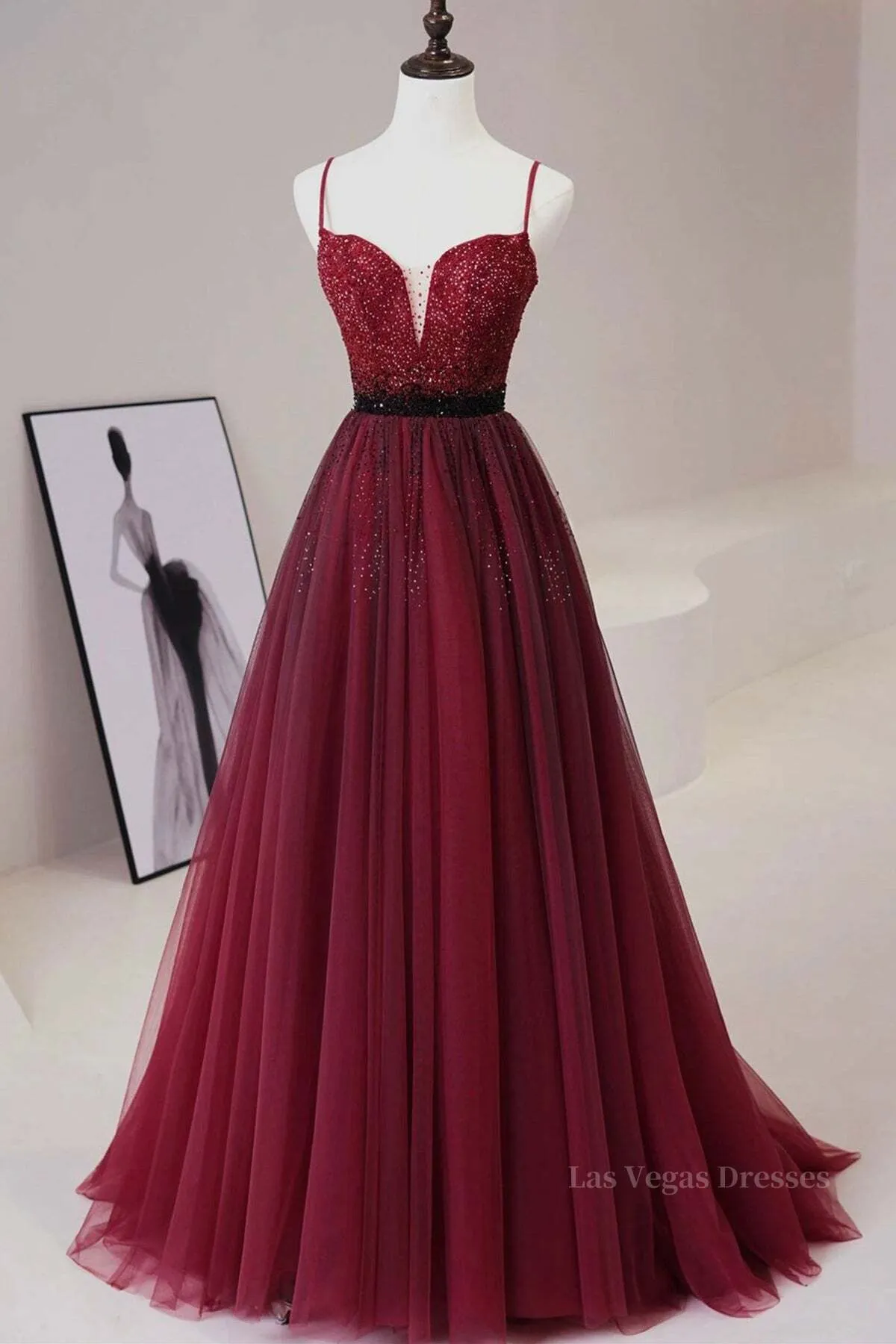 A Line V Neck Beaded Burgundy Tulle Long Prom Dress, Beaded Burgundy Formal Graduation Evening Dress