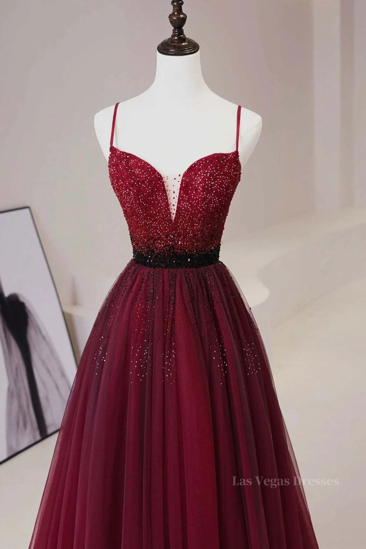 A Line V Neck Beaded Burgundy Tulle Long Prom Dress, Beaded Burgundy Formal Graduation Evening Dress