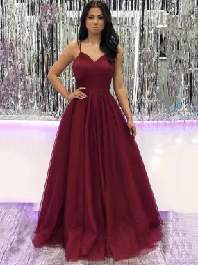 A-line V Neck Burgundy Tulle Long Prom Dresses Burgundy Formal Evening Gowns