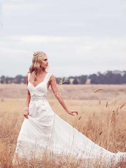 A-line V neck Ivory Wedding Dresses Rustic Chiffon Cheap Wedding Dresses ER800