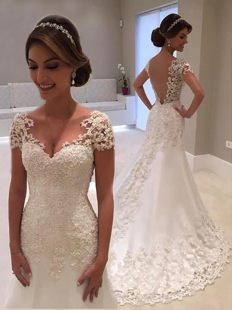 Affordable Long Mermaid V-Neck Lace Backless Wedding Dresses with Cap Sleeves