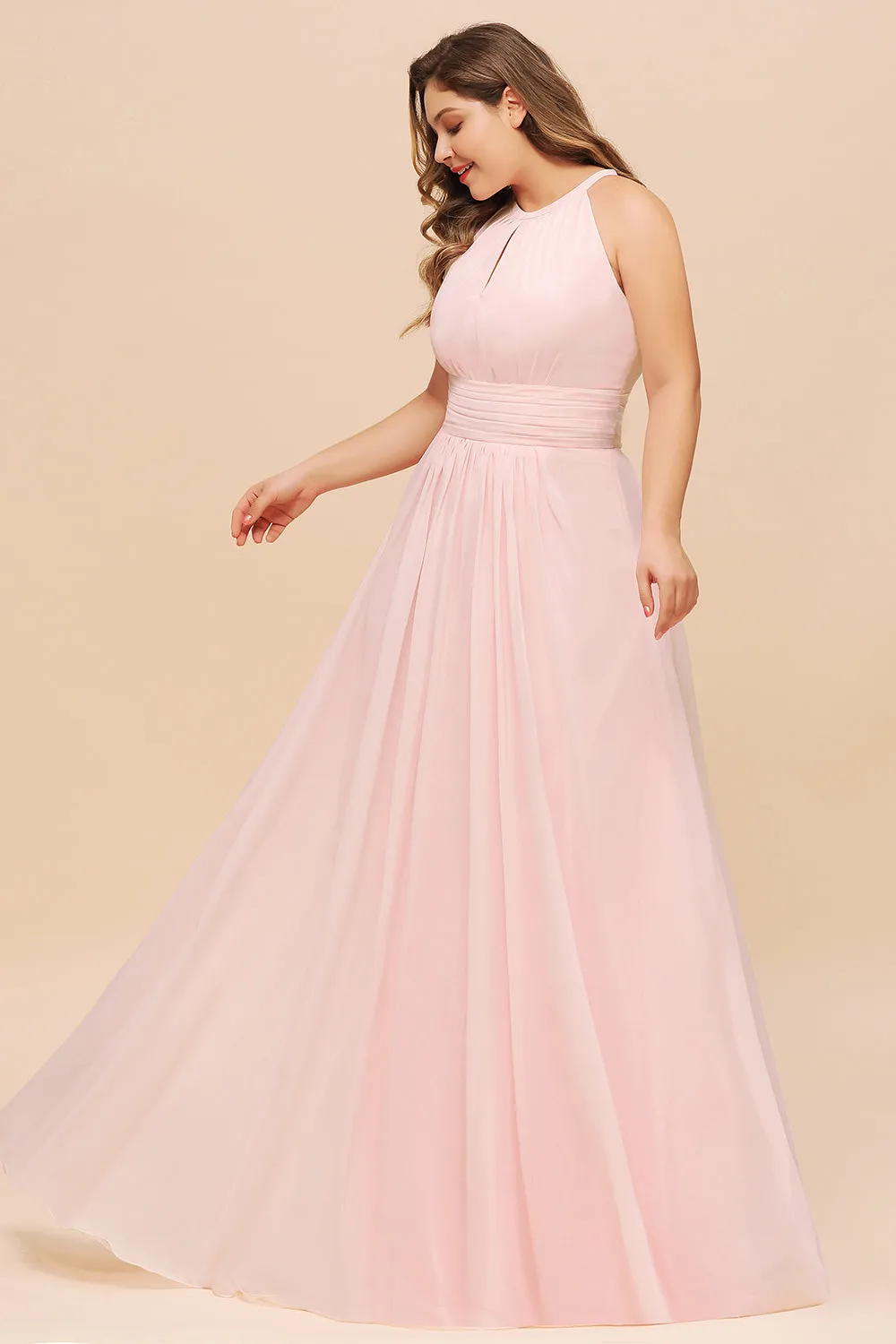 Affordable Pink Long Halter Chiffon Plus Size Bridesmaid Dress