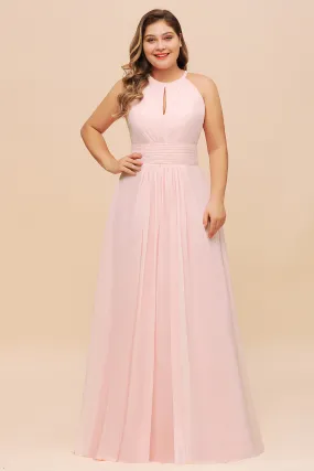 Affordable Pink Long Halter Chiffon Plus Size Bridesmaid Dress