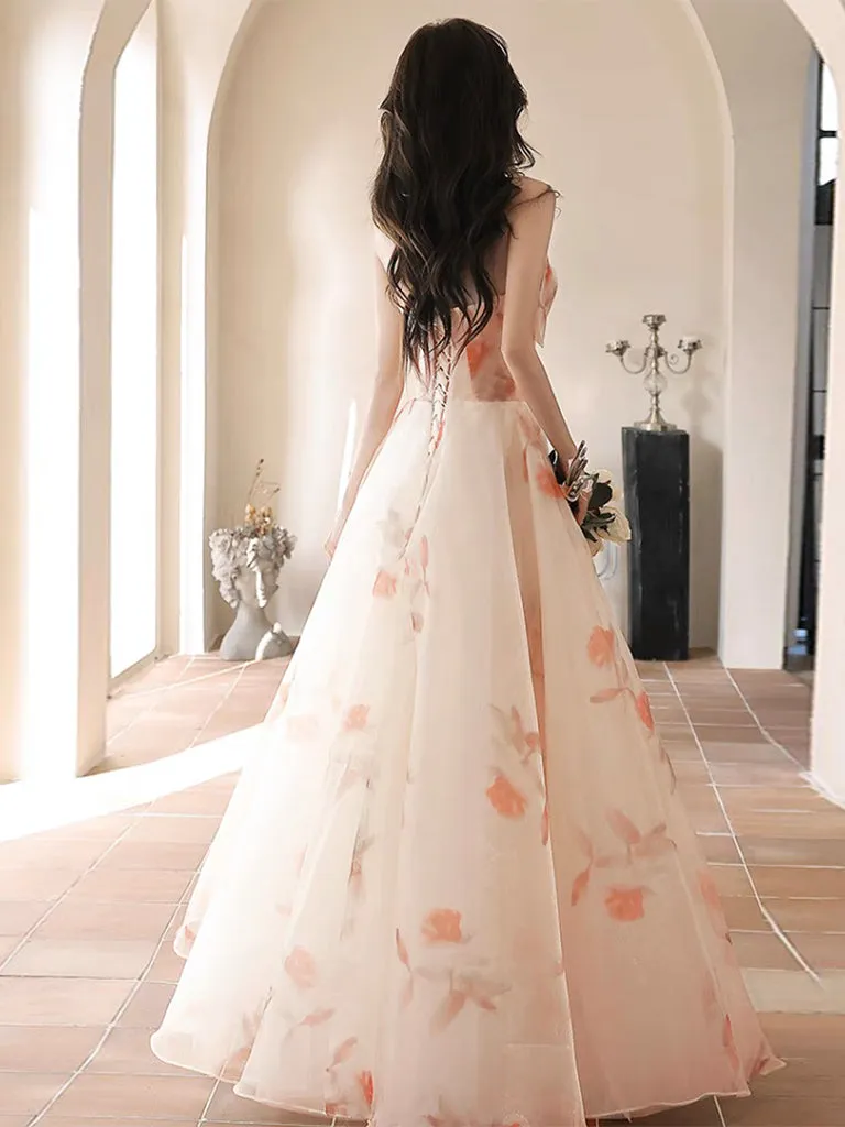 A_line Sweetheart Neck Champagne Long Prom Dress, Champagne Long Formal Dress