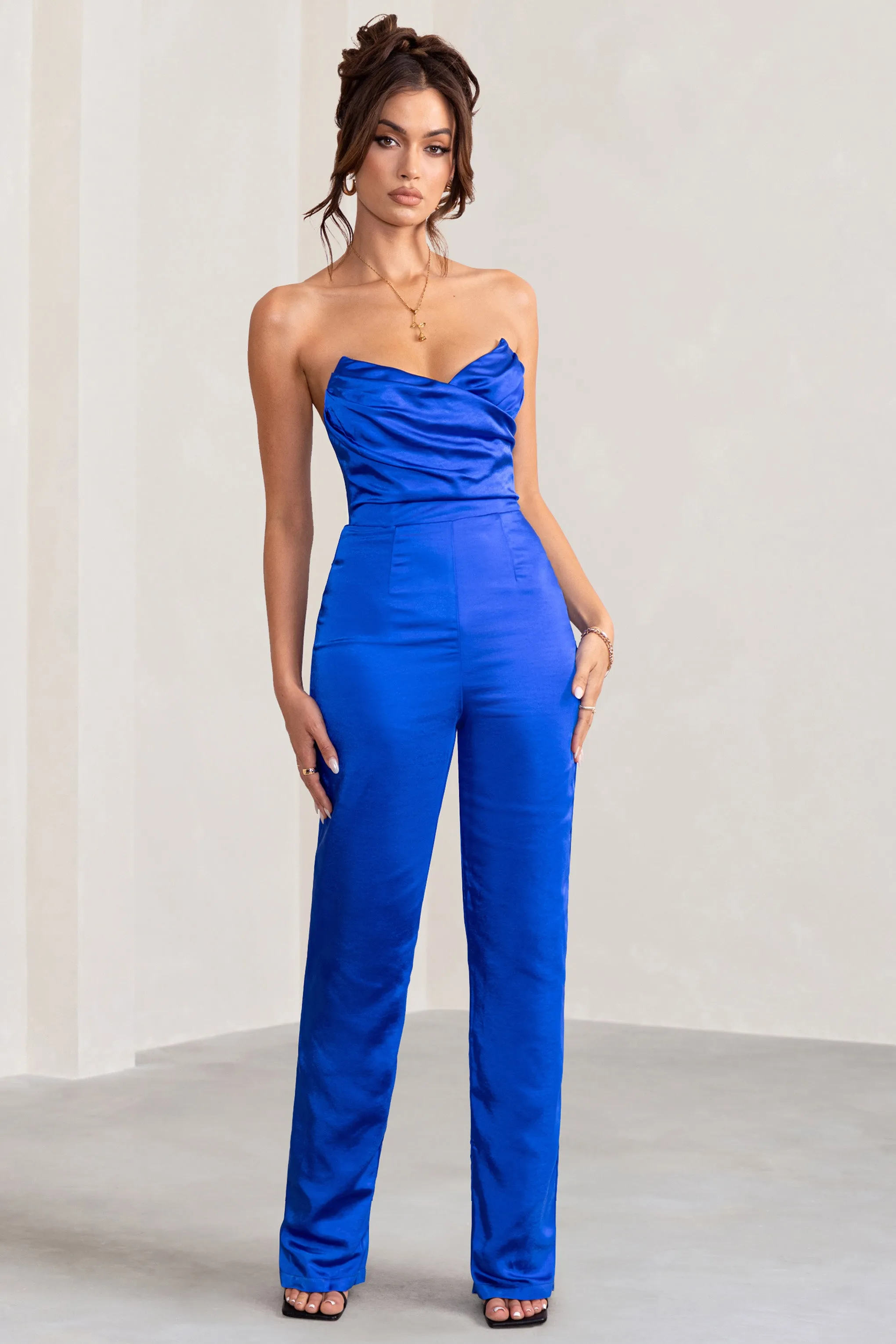 Amiah | Cobalt Blue Satin Strapless Straight Leg Jumpsuit