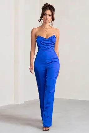 Amiah | Cobalt Blue Satin Strapless Straight Leg Jumpsuit