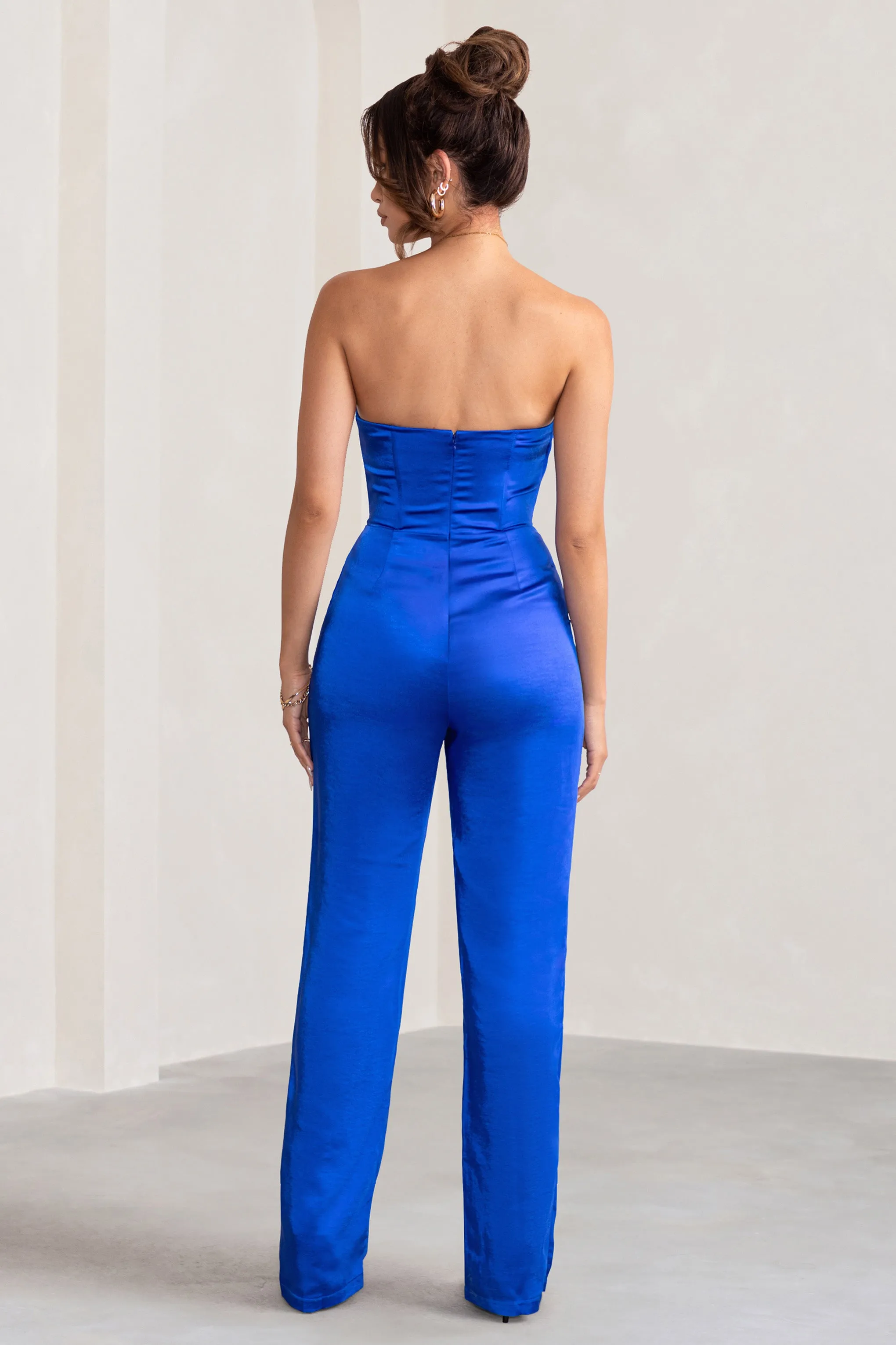 Amiah | Cobalt Blue Satin Strapless Straight Leg Jumpsuit