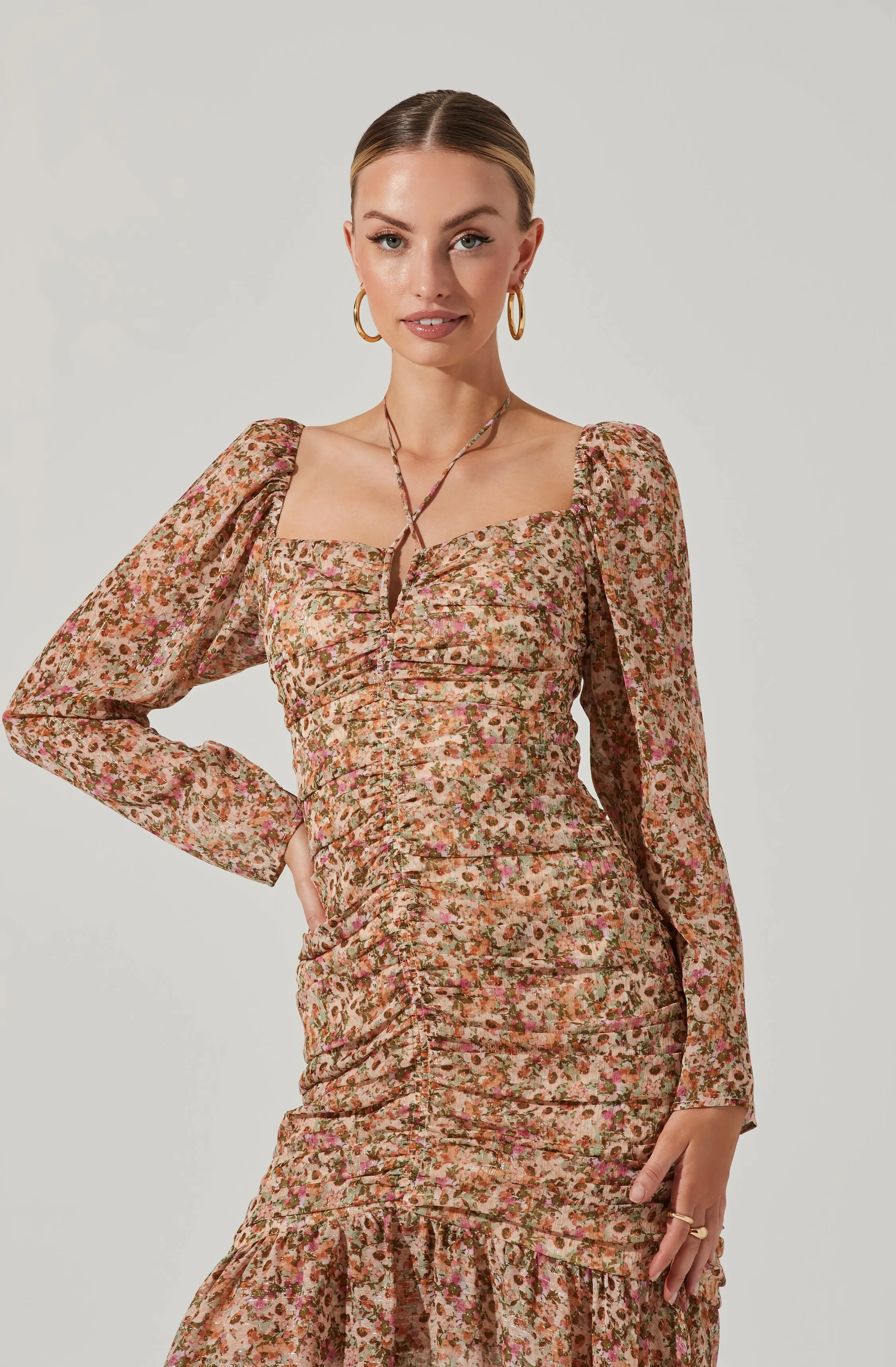 Athena Floral Ruched Long Sleeve Midi Dress