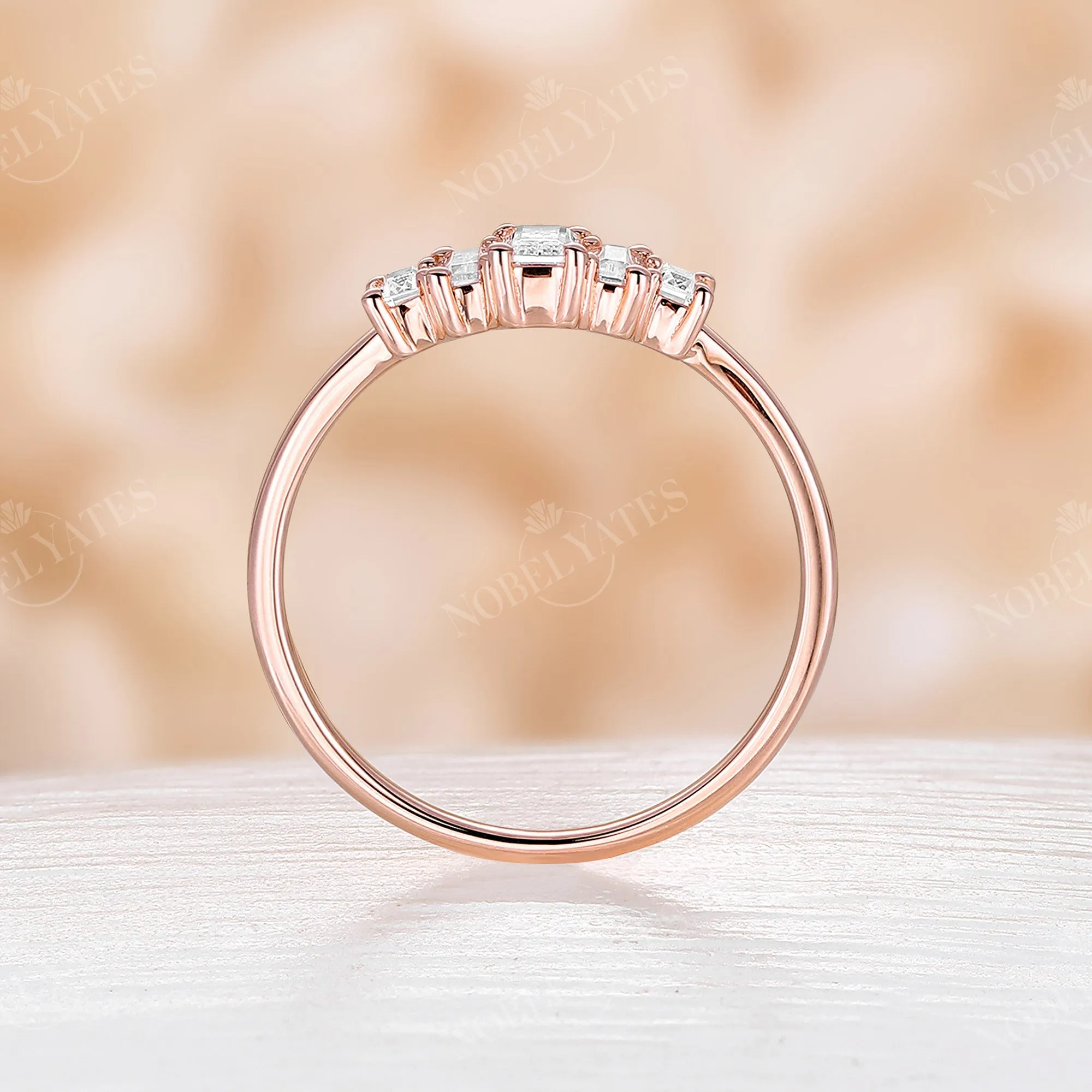 Baguette Art Deco Moissanite Five Stone Wedding Band Rose Gold