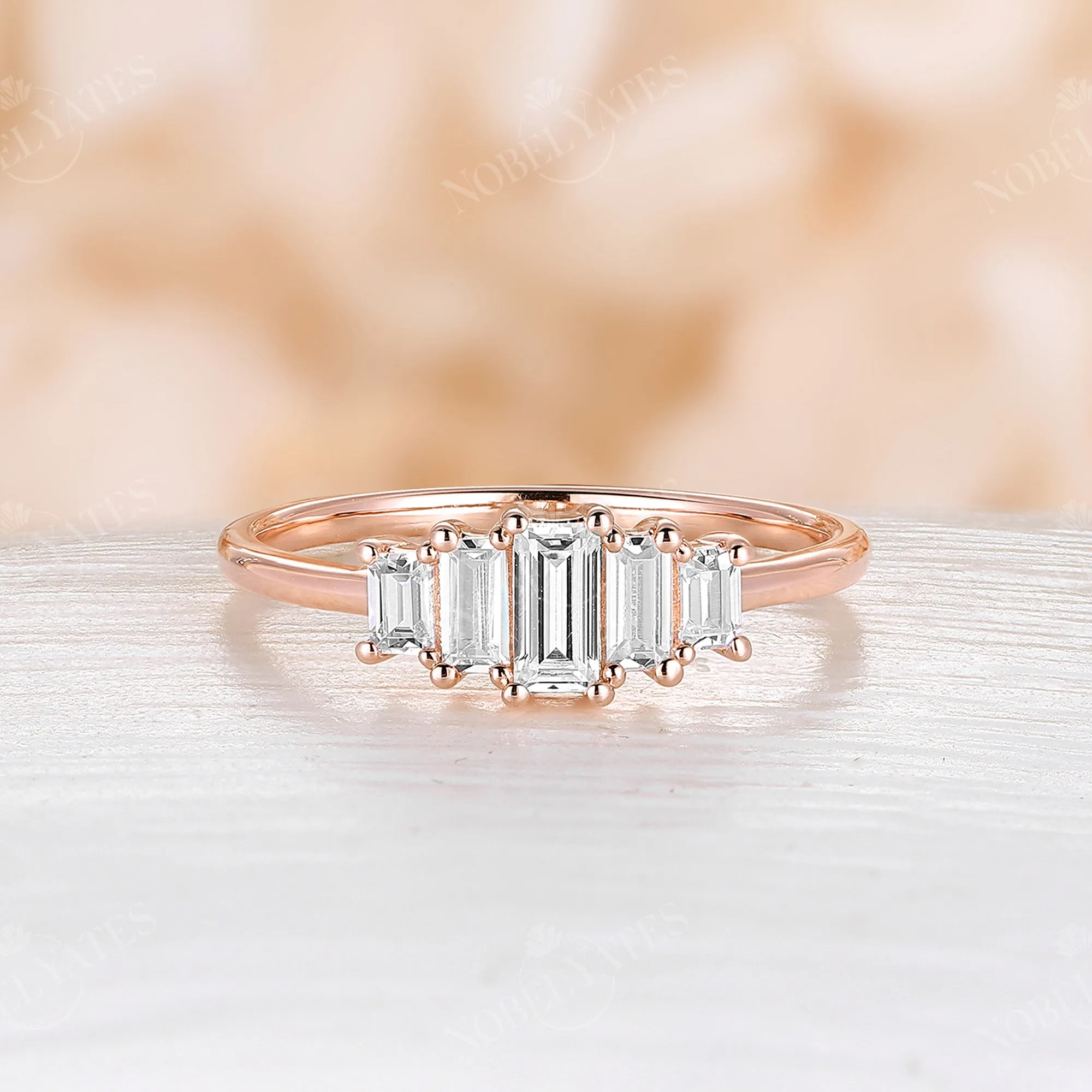 Baguette Art Deco Moissanite Five Stone Wedding Band Rose Gold