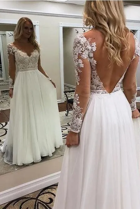 Beach Long A Line V Neck Tulle Backless Wedding Dress with Sleeves