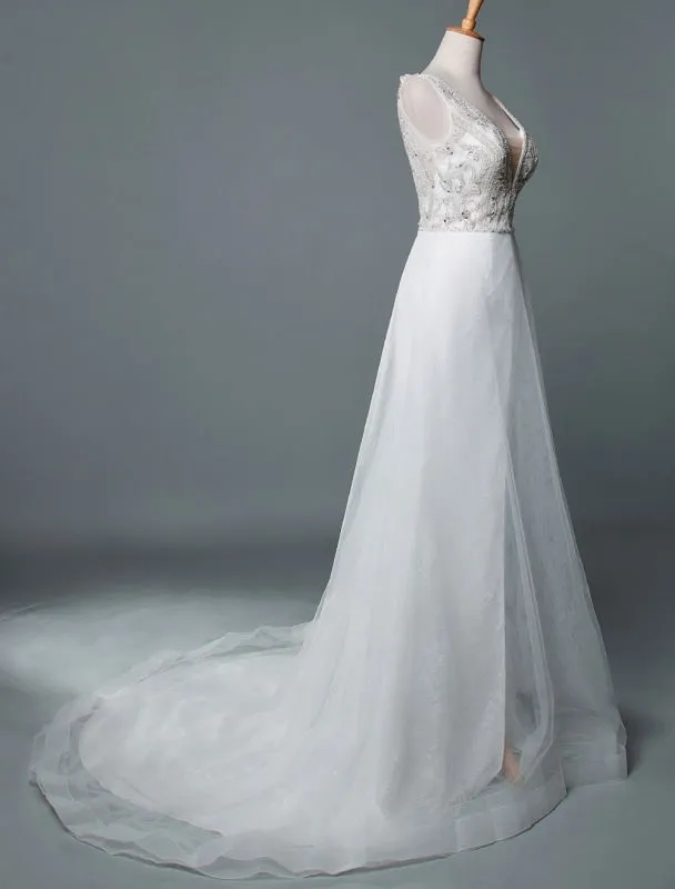 Beach Wedding Dress A Line Sleeveless V Neck High Split Floor Length Backless Sexy Bridal Gown