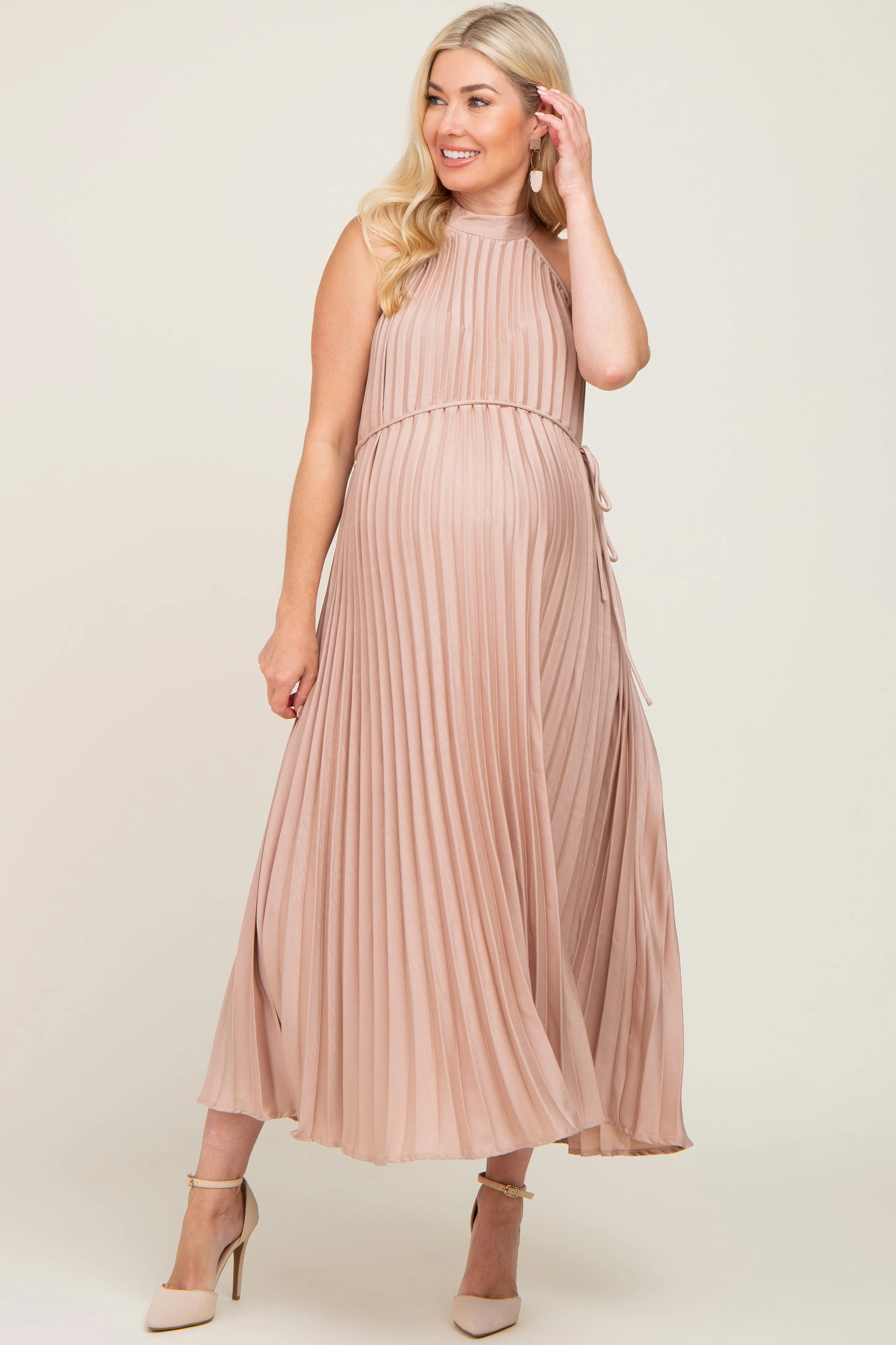 Beige Pleated Maternity Halter Dress