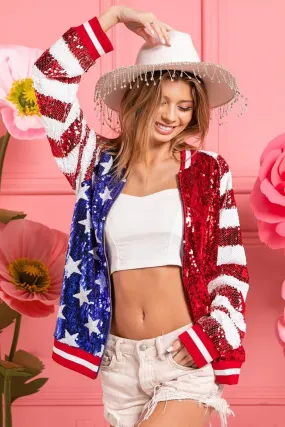 USA Flag-Themed BiBi Sequin Bomber Jacket with Color Block Design