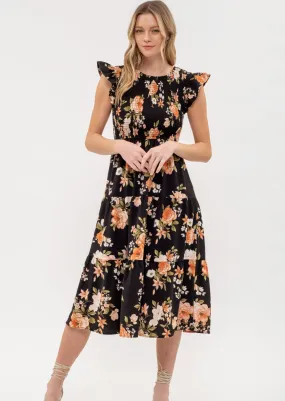 Black Floral Smocked Dress