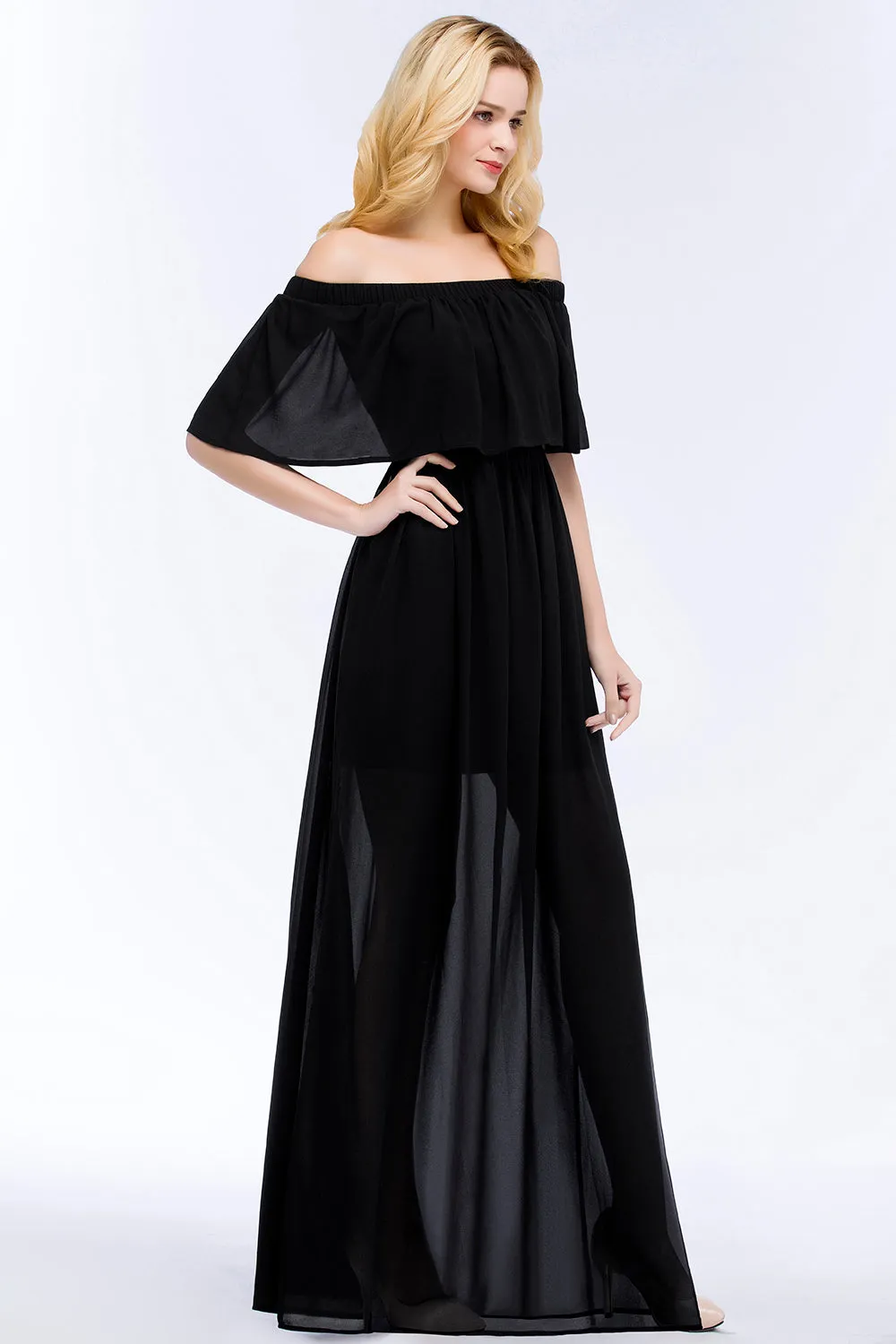 Black Long A-Line Chiffon Off-the-Shoulder Bridesmaid Dresses with Slit