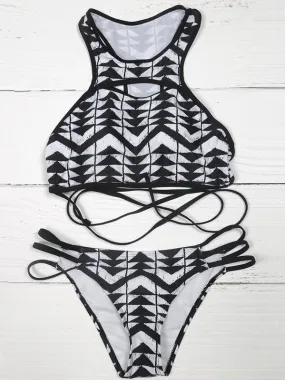 Black Printed Lace-up Bikini Sets