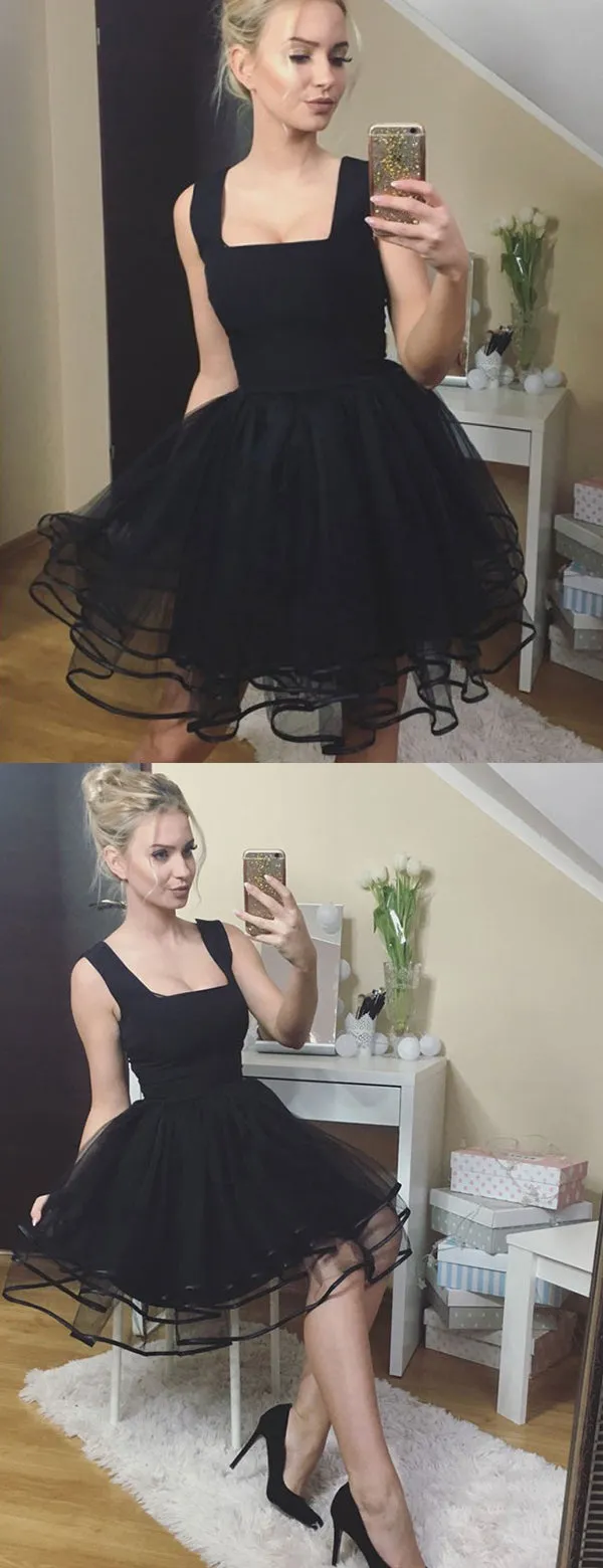 Black Tulle Square Neckline Sleeveless Tiered Homecoming Dresses,BD0192