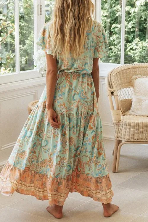 Boho Print Button Tassesl Maxi Dress