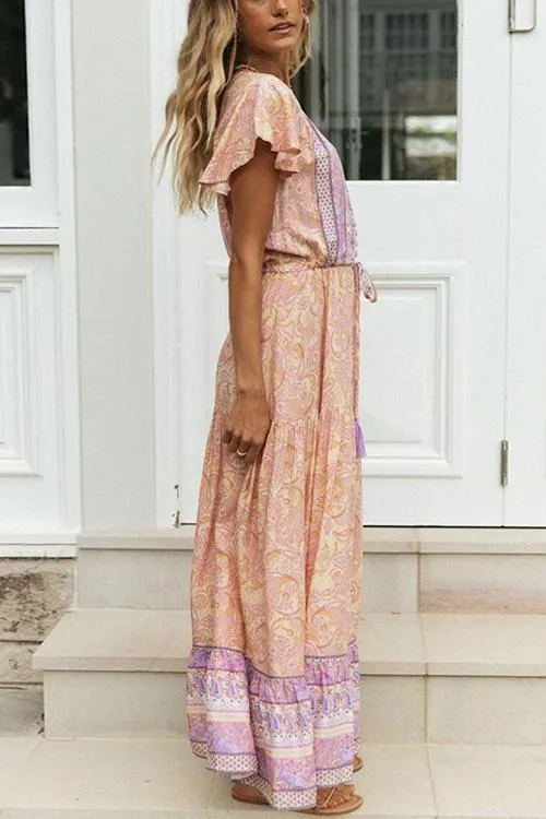 Boho Print Button Tassesl Maxi Dress