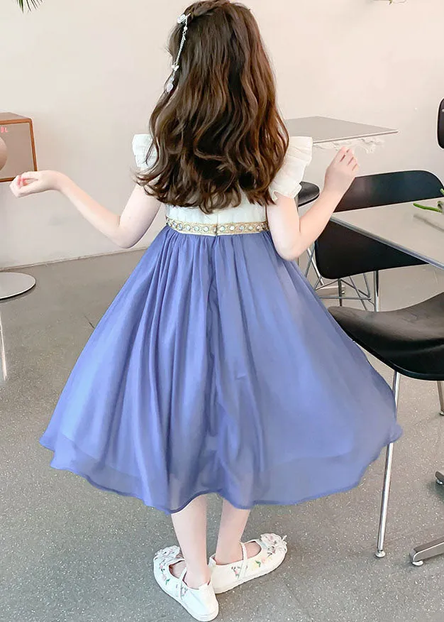 Boutique Blue Square Collar Patchwork Tassel Chiffon Kids Long Dresses Sleeveless MN007