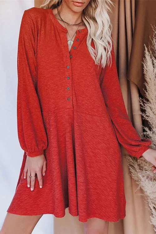 Button Puff Long Sleeve Swing Dress