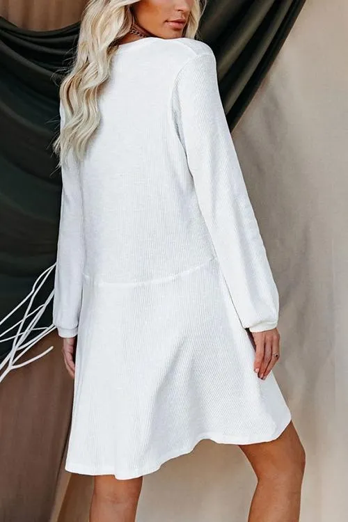 Button Puff Long Sleeve Swing Dress