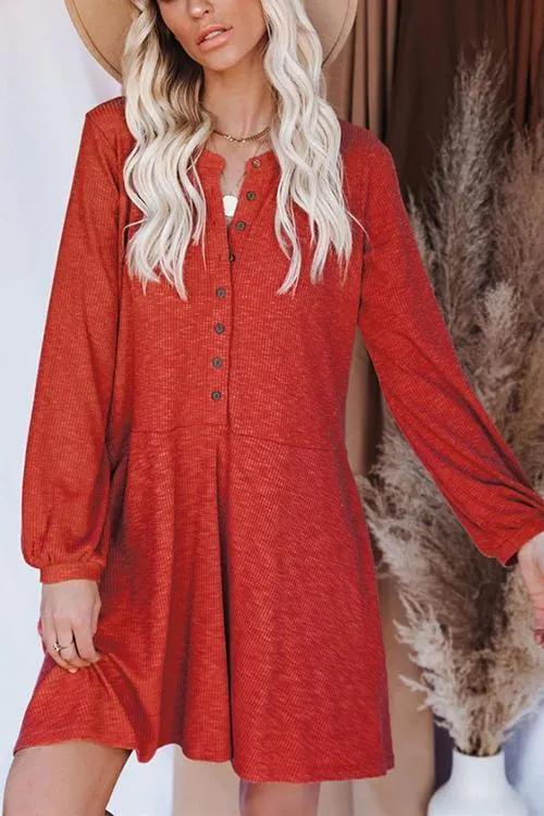 Button Puff Long Sleeve Swing Dress