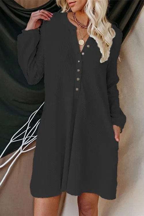 Button Puff Long Sleeve Swing Dress