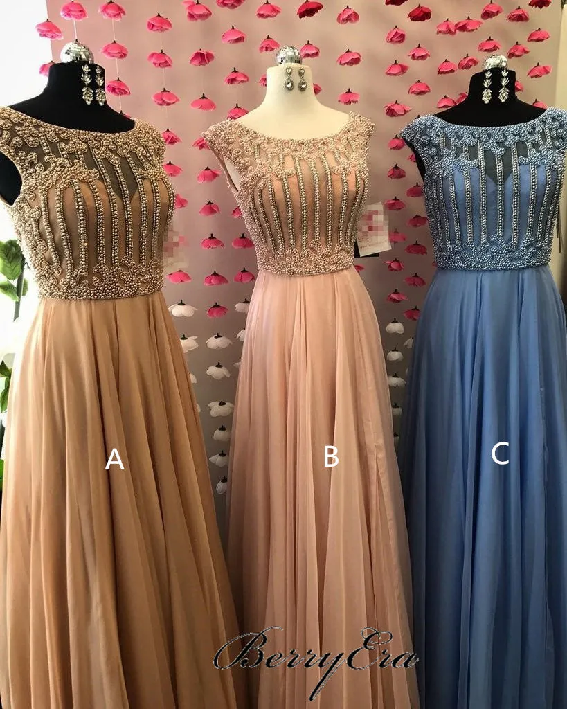 Cap Sleeves Beaded Chiffon Prom Dresses, A-line Prom Dresses, Long Prom Dresses