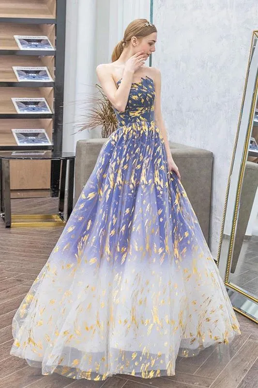 Charming Ombre Puffy Strapless Sparkly Prom Dress, Sexy Long Sleeveless Party Dresses STK15118