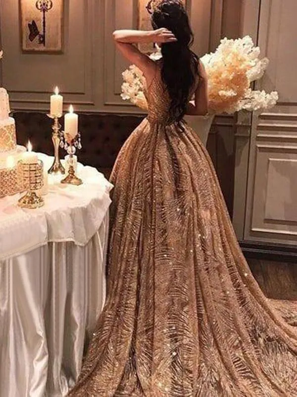 Chic Gold Prom Dress Vintage Unique Long Prom Dress #ER260