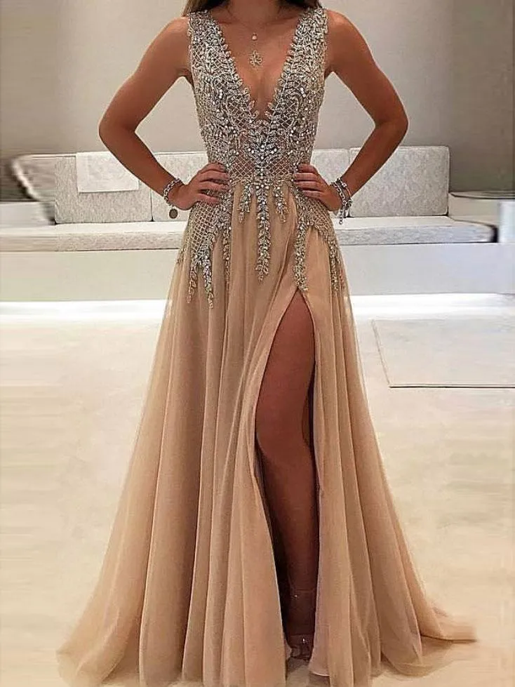 Chic V Neck Prom Dress Cheap Plus Size Tulle Prom Dress #ER510