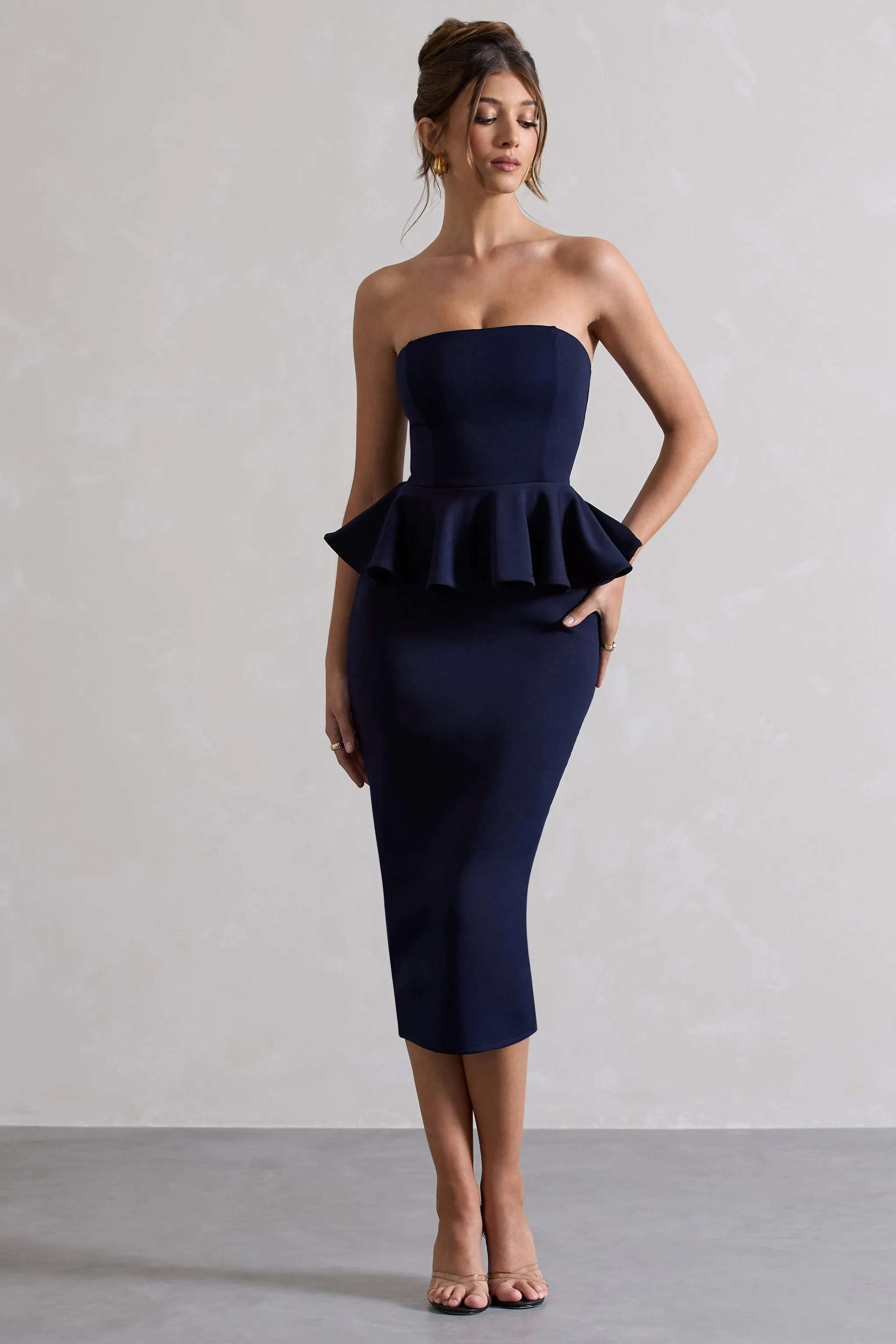 Chicago | Navy Bodycon Bandeau Midi Dress With Peplum Detail