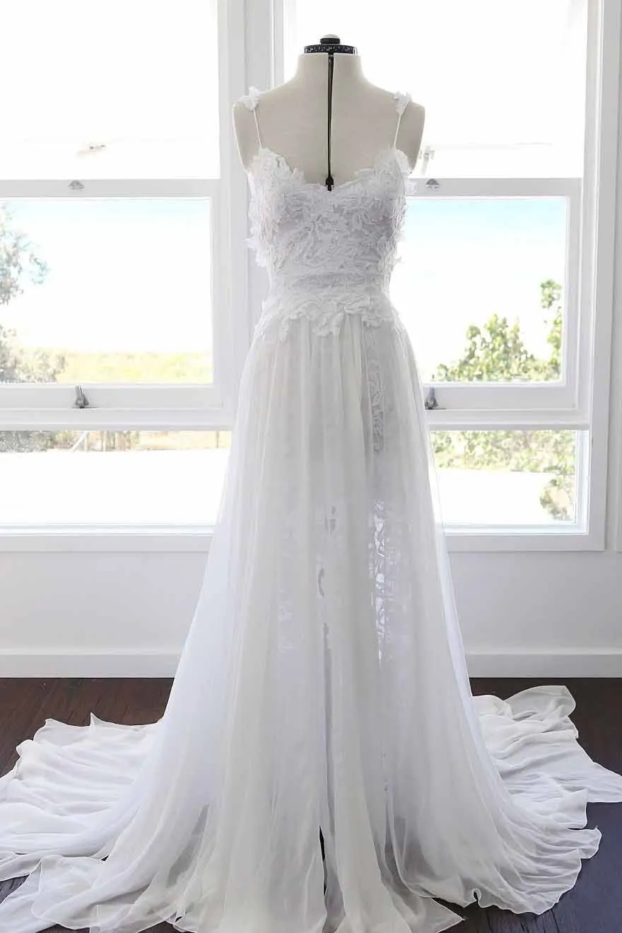 Chiffon Beach Wedding Dress Lace Cheap Long Wedding Dress #ER104