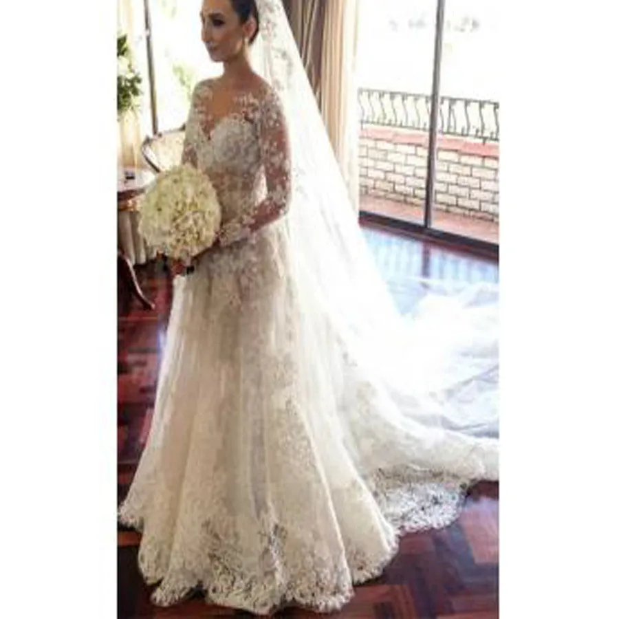 Classic Lace A-Line Wedding Dress 2017 Long Sleeve with Flowers Custom Made Wedding Gowns, WD0116