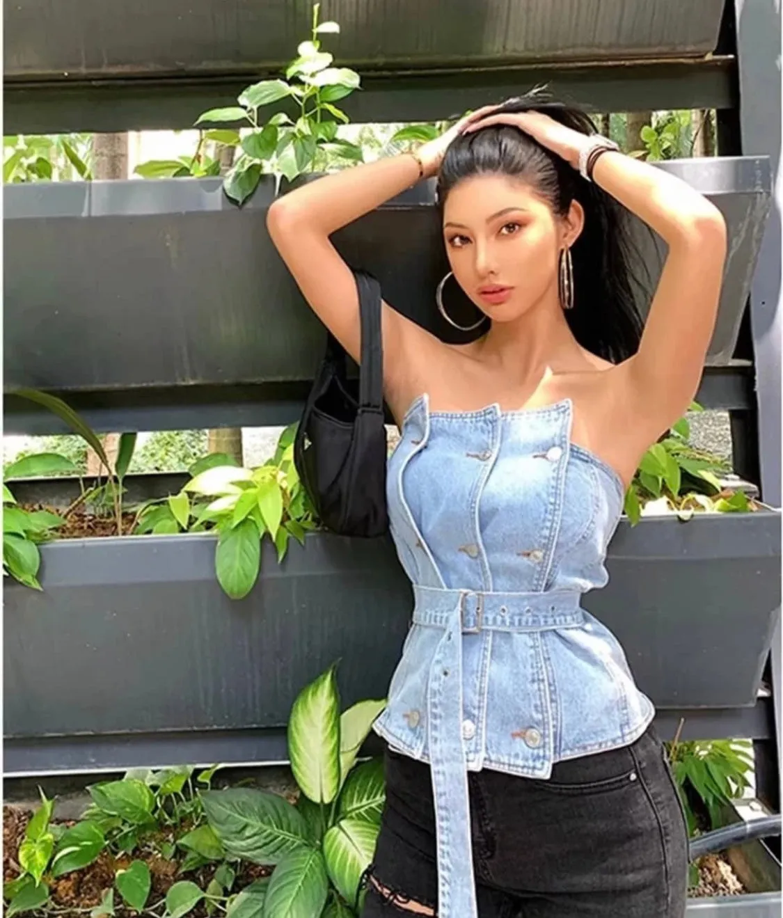 Client Namrata In Our  Layered Strapless Denim Top