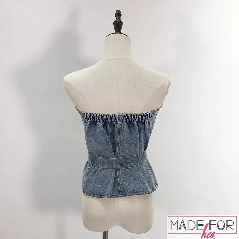 Client Namrata In Our  Layered Strapless Denim Top